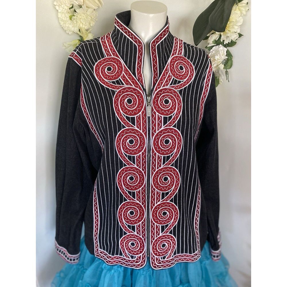 Bob Mackie Wearable Art Dark Gray Denim‎ Jacket Coat Embroidered Design Sz Large
